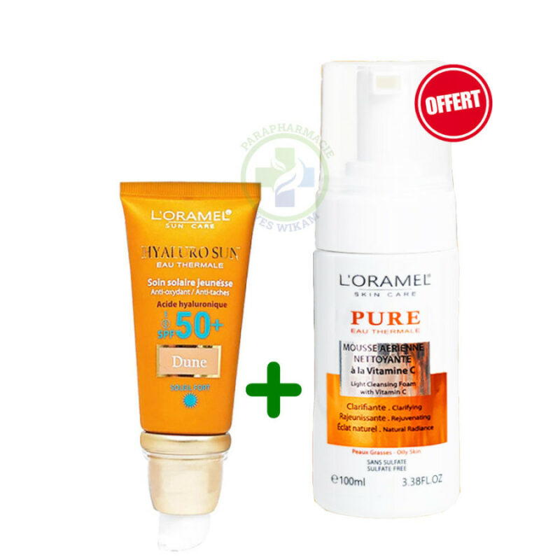  Pack L'Oramel écran solaire matifiant SPF50+ 40ml + Mousse nettoyante Vitamine C 150ml offerte