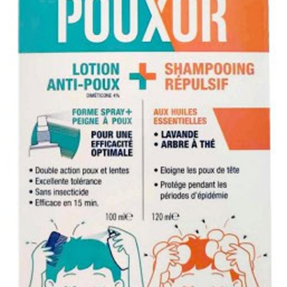 Boîte du kit Pouxor avec lotion et shampoing répulsif