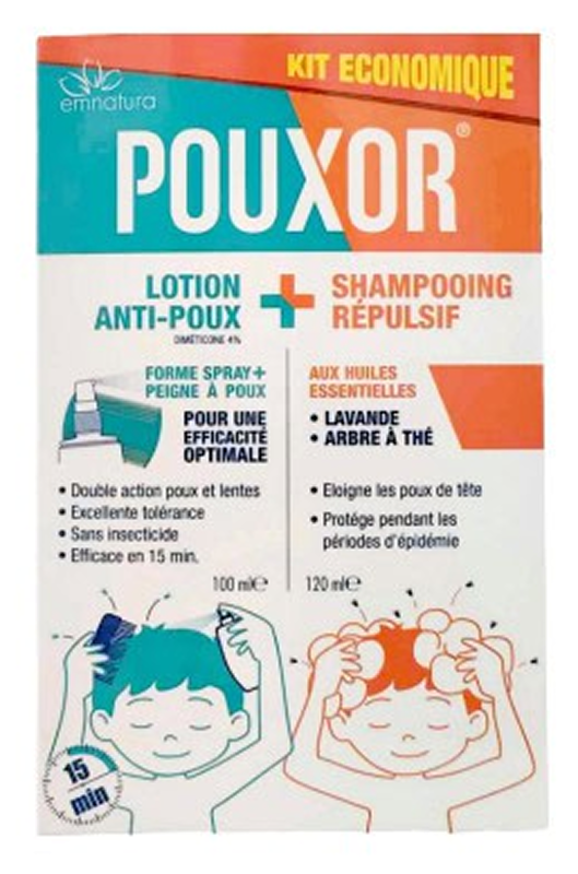 Boîte du kit Pouxor avec lotion et shampoing répulsif